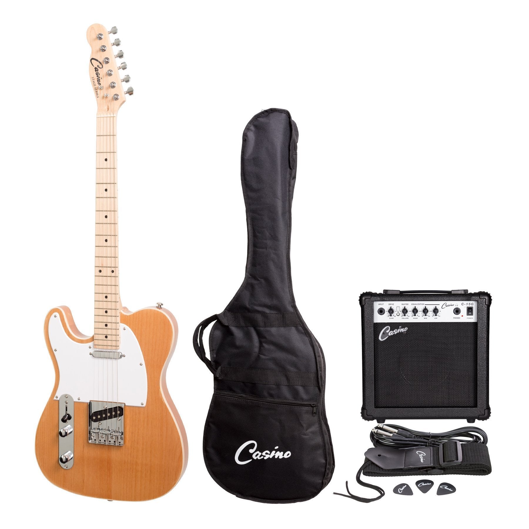 Casino TE-Style Left Handed Electric Guitar Set and 15 Watt Amplifier Pack (Natural Gloss)-CP-TL1L-NGL