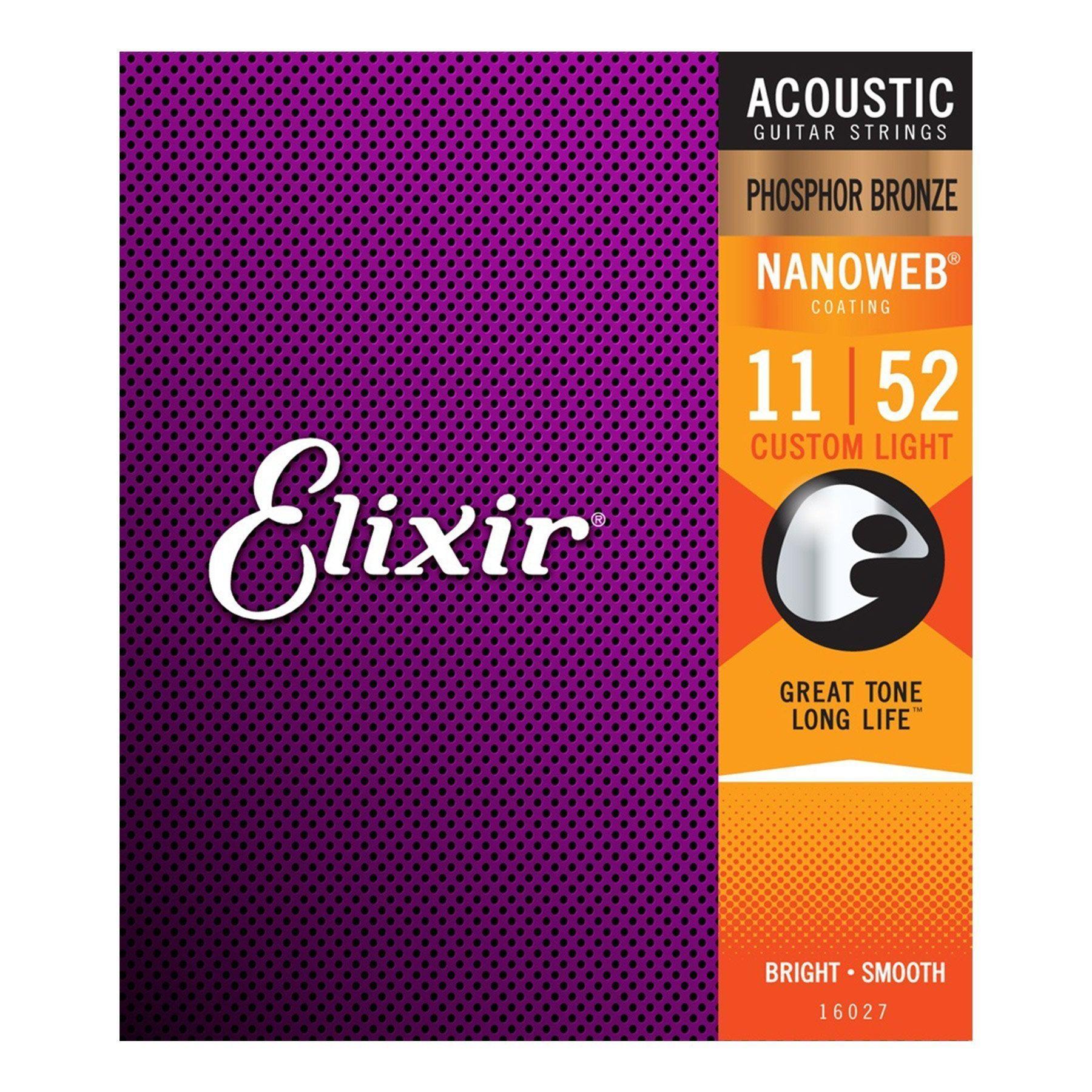 Elixir 16027 Custom Light Phosphor Bronze Nanoweb Acoustic Guitar Strings (11-52)-E16027