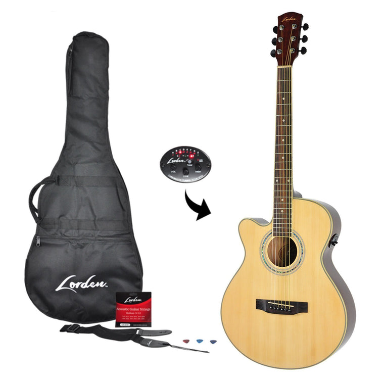 Lorden Left Handed Acoustic-Electric Small Body Cutaway Guitar Pack (Natural Gloss)